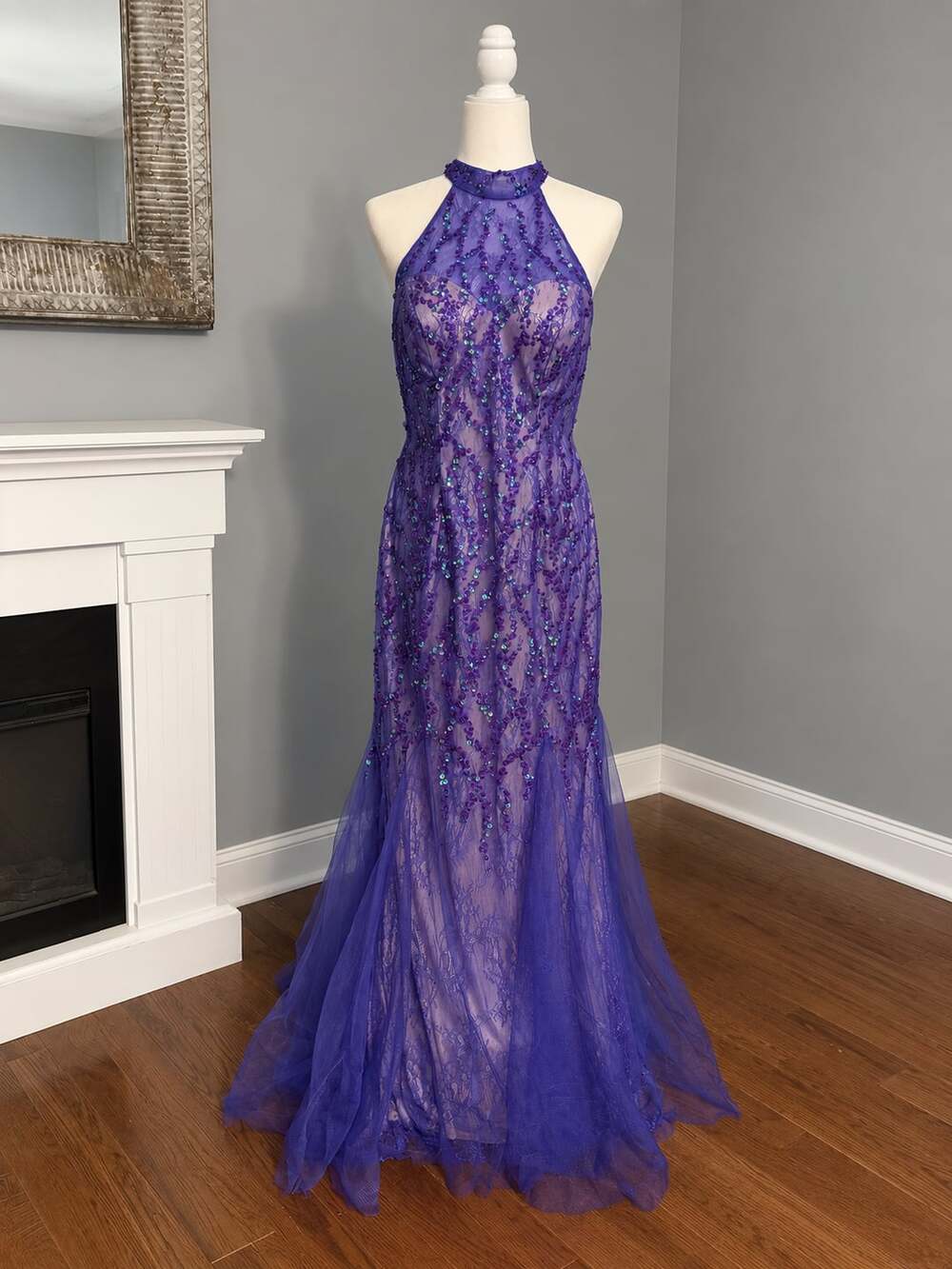 Purple Halter Sequin Lace Mermaid Gown